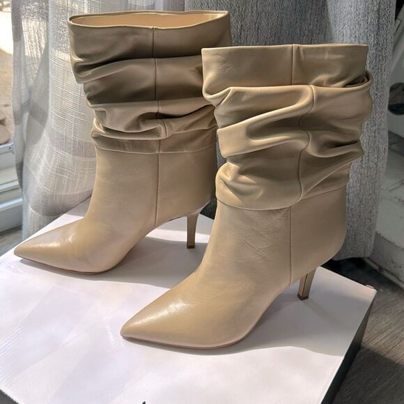 Nine West Women’s Boots WNSlouch Jenn Ivory Cream Tan Mid Calf 8.5 Leather - Picture 1 of 8